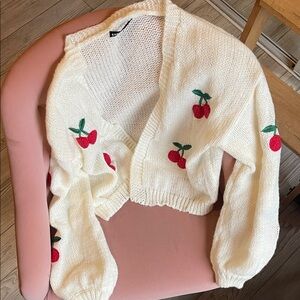 Cherry Embroidered White Sweater